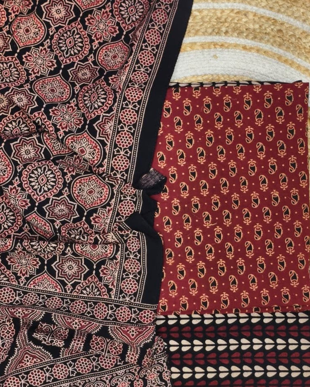 TAS Auto Crop Upper - Pure Cotton Ajrakh Screen Print Natural Dye 3-Piece Suit 04