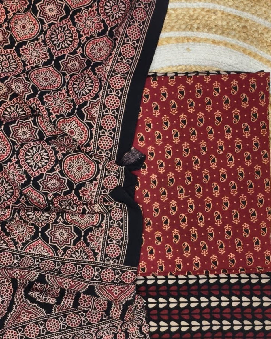 TAS Auto Crop Upper - Pure Cotton Ajrakh Screen Print Natural Dye 3-Piece Suit 04
