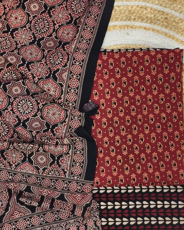 TAS Auto Crop Upper - Pure Cotton Ajrakh Screen Print Natural Dye 3-Piece Suit 04