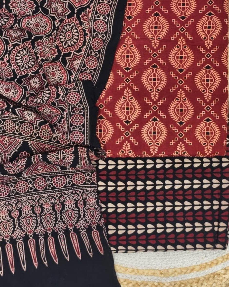 TAS Auto Crop Lower - Pure Cotton Ajrakh Screen Print Natural Dye 3-Piece Suit 05