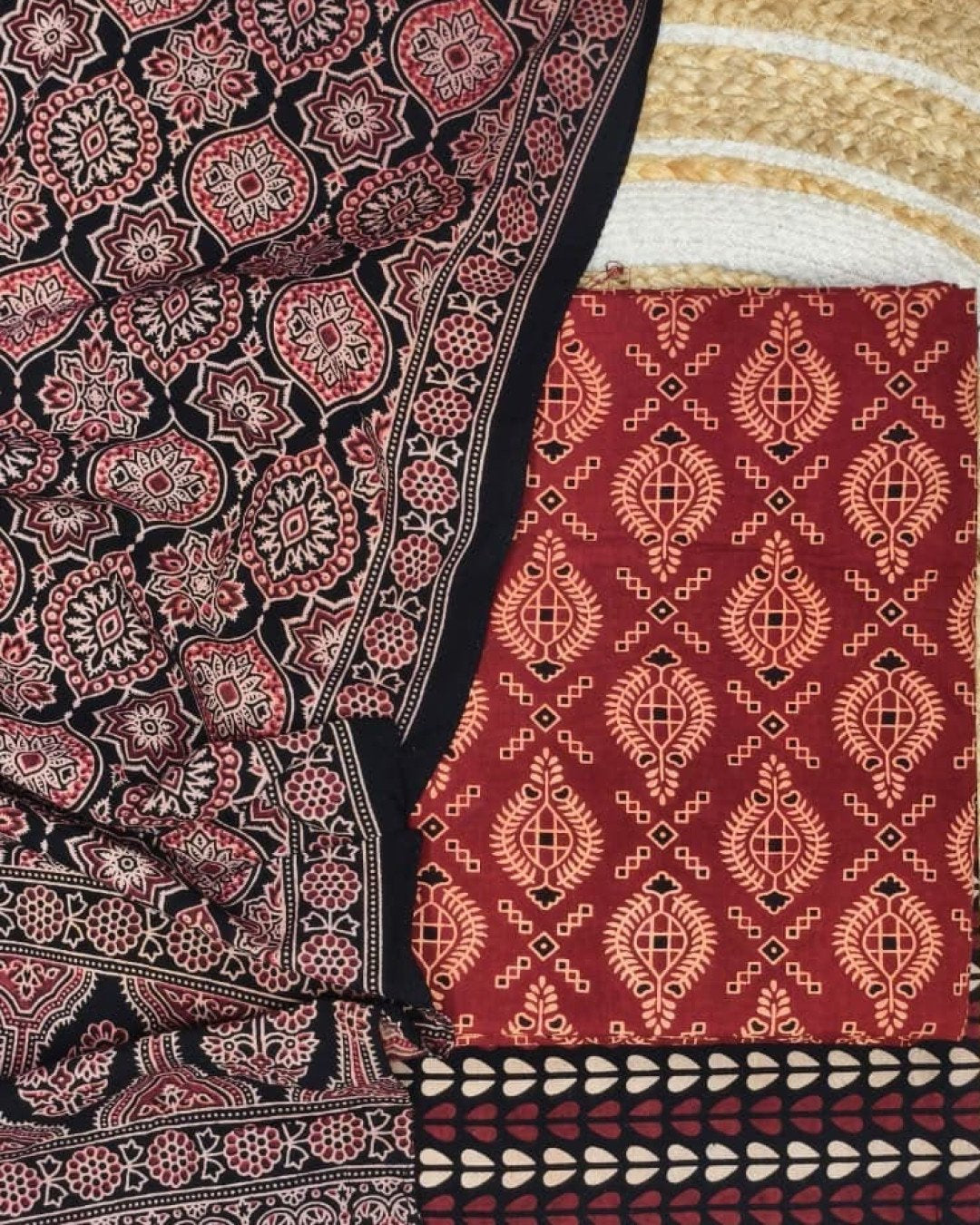 TAS Auto Crop Upper - Pure Cotton Ajrakh Screen Print Natural Dye 3-Piece Suit 05