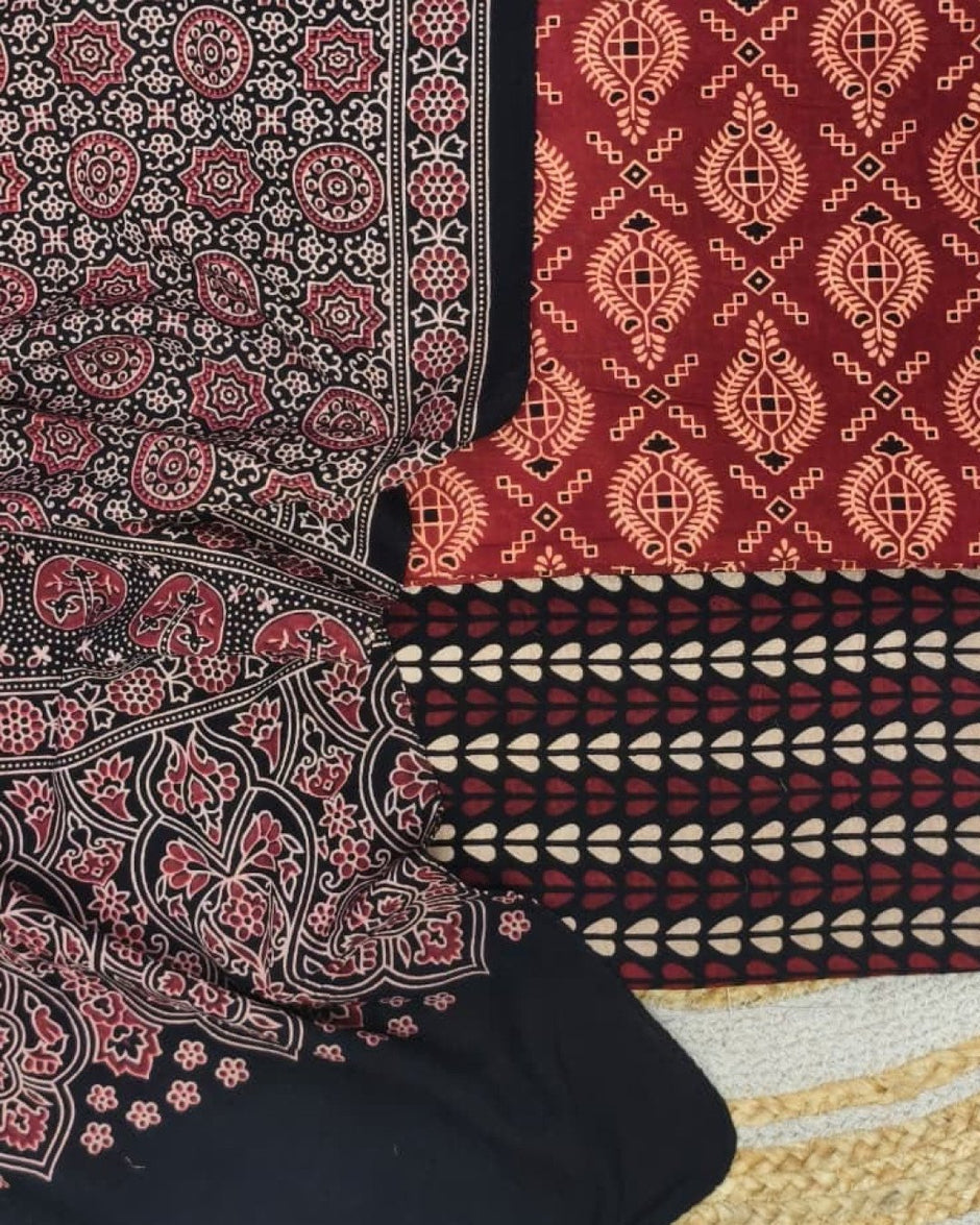 TAS Auto Crop Lower - Pure Cotton Ajrakh Screen Print Natural Dye 3-Piece Suit 06