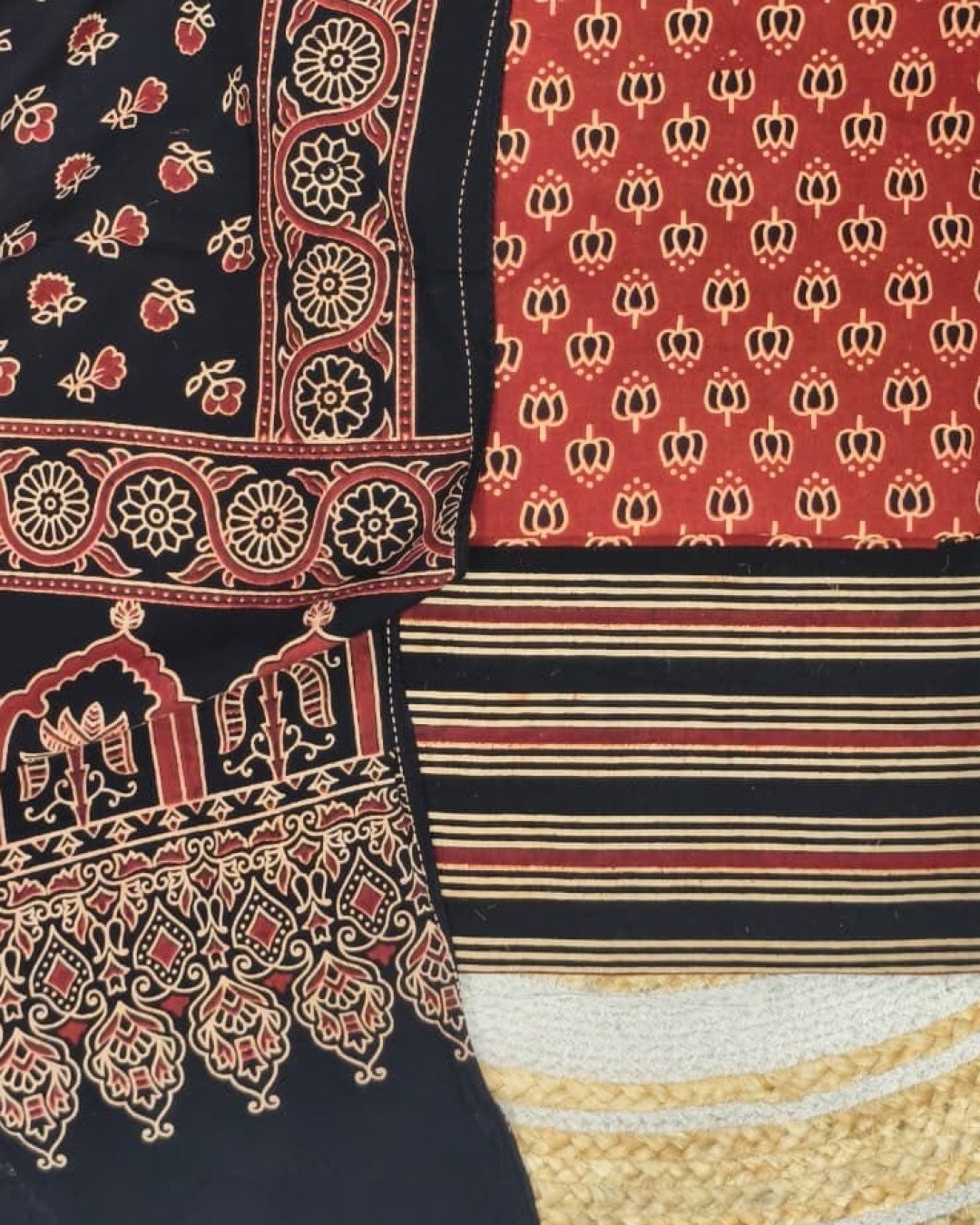 TAS Auto Crop Lower - Pure Cotton Ajrakh Screen Print Natural Dye 3-Piece Suit 07
