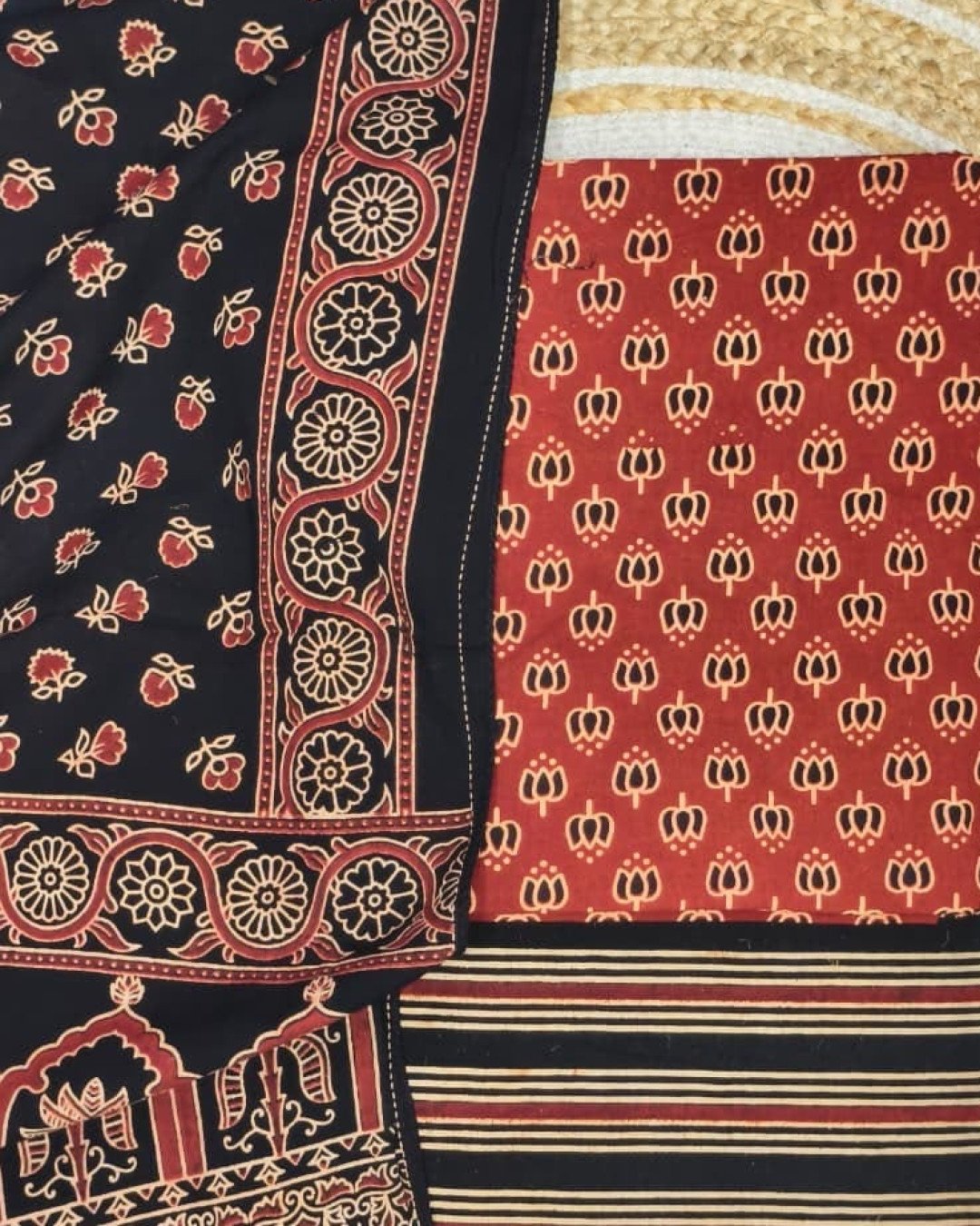 TAS Auto Crop Upper - Pure Cotton Ajrakh Screen Print Natural Dye 3-Piece Suit 07
