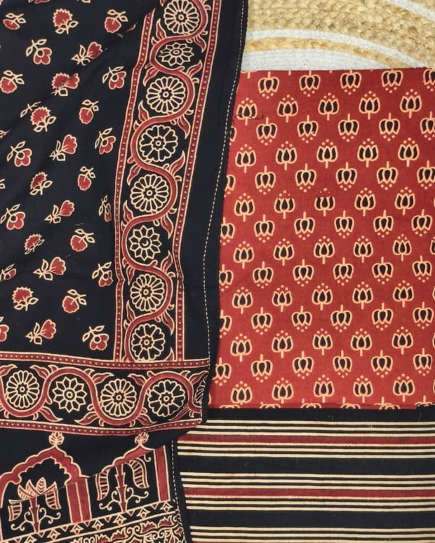 TAS Auto Crop Upper - Pure Cotton Ajrakh Screen Print Natural Dye 3-Piece Suit 07