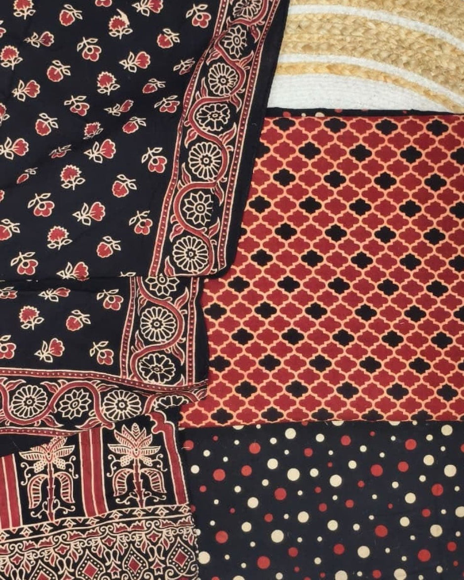 TAS Auto Crop Upper - Pure Cotton Ajrakh Screen Print Natural Dye 3-Piece Suit 08