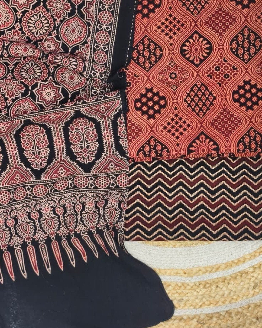 TAS Auto Crop Lower - Pure Cotton Ajrakh Screen Print Natural Dye 3-Piece Suit 09