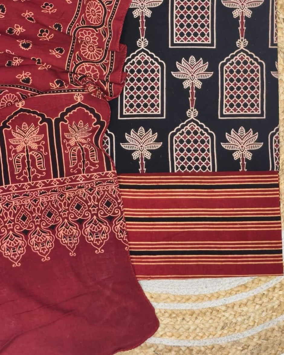 TAS Auto Crop Lower - Pure Cotton Ajrakh Screen Print Natural Dye 3-Piece Suit 12