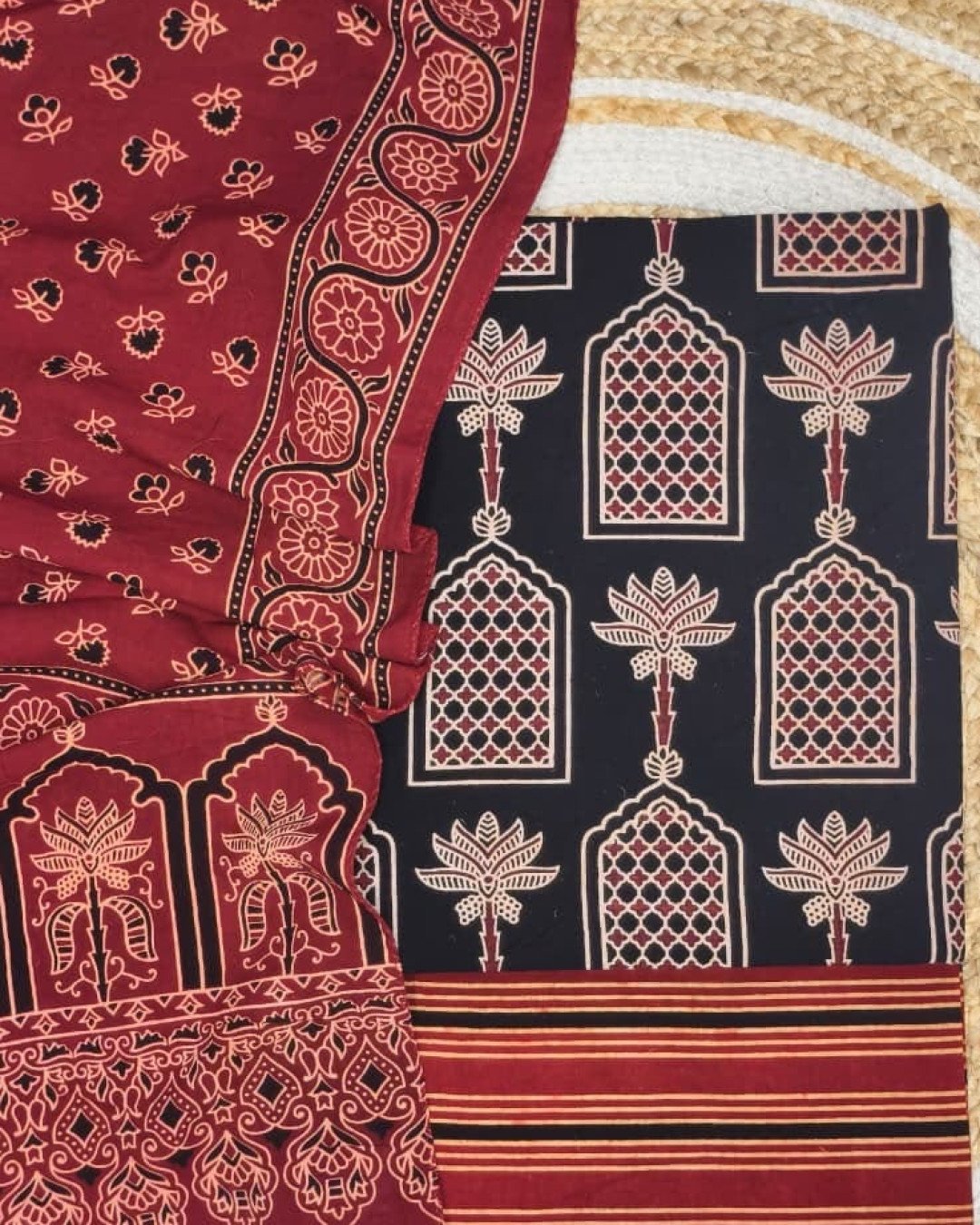 TAS Auto Crop Upper - Pure Cotton Ajrakh Screen Print Natural Dye 3-Piece Suit 12