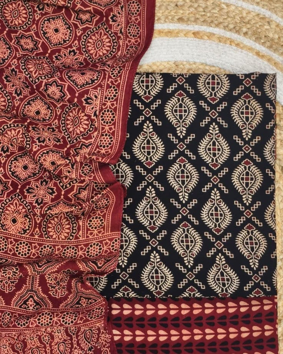 TAS Auto Crop Upper - Pure Cotton Ajrakh Screen Print Natural Dye 3-Piece Suit 16