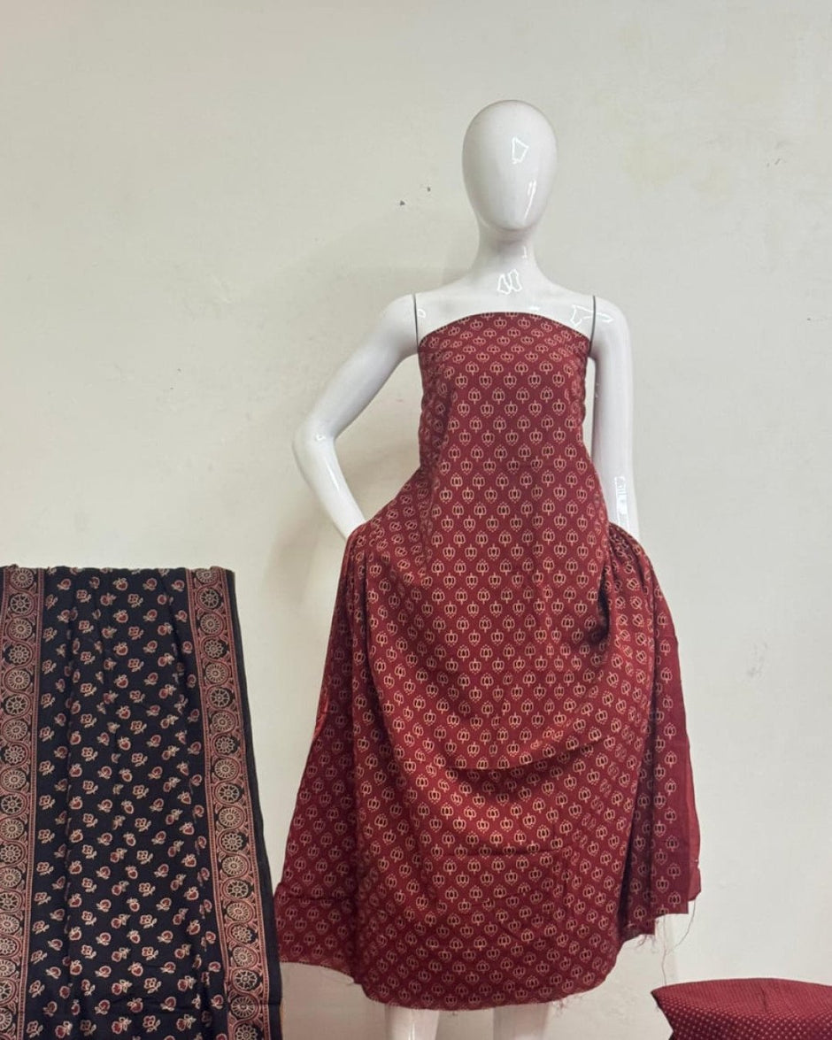 TAS Auto Crop Upper - Pure Cotton Ajrakh Screen Print Natural Dye 3-Piece Suit 17