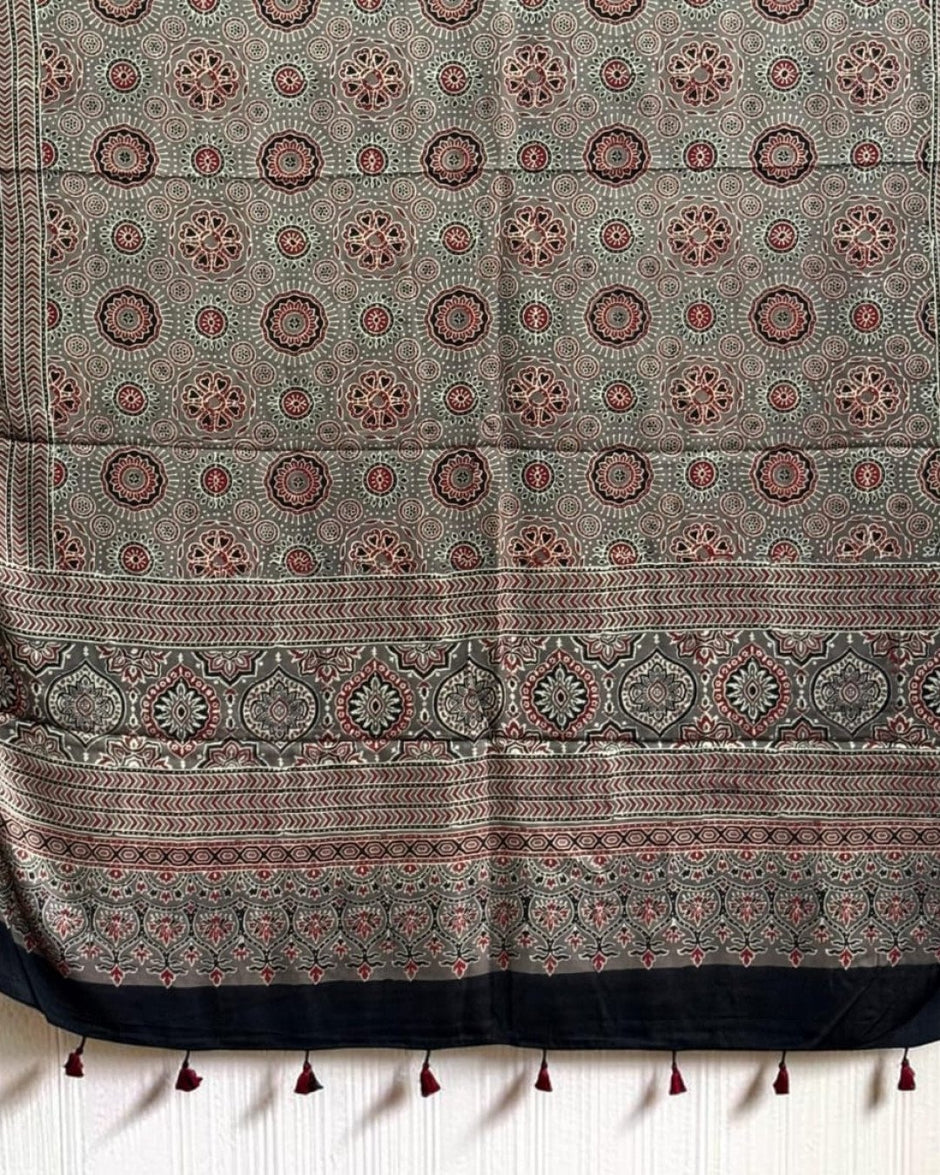 TAS Auto Crop Lower - Ajrakh Modal Silk Natural Dye Dupatta with Tassels 02