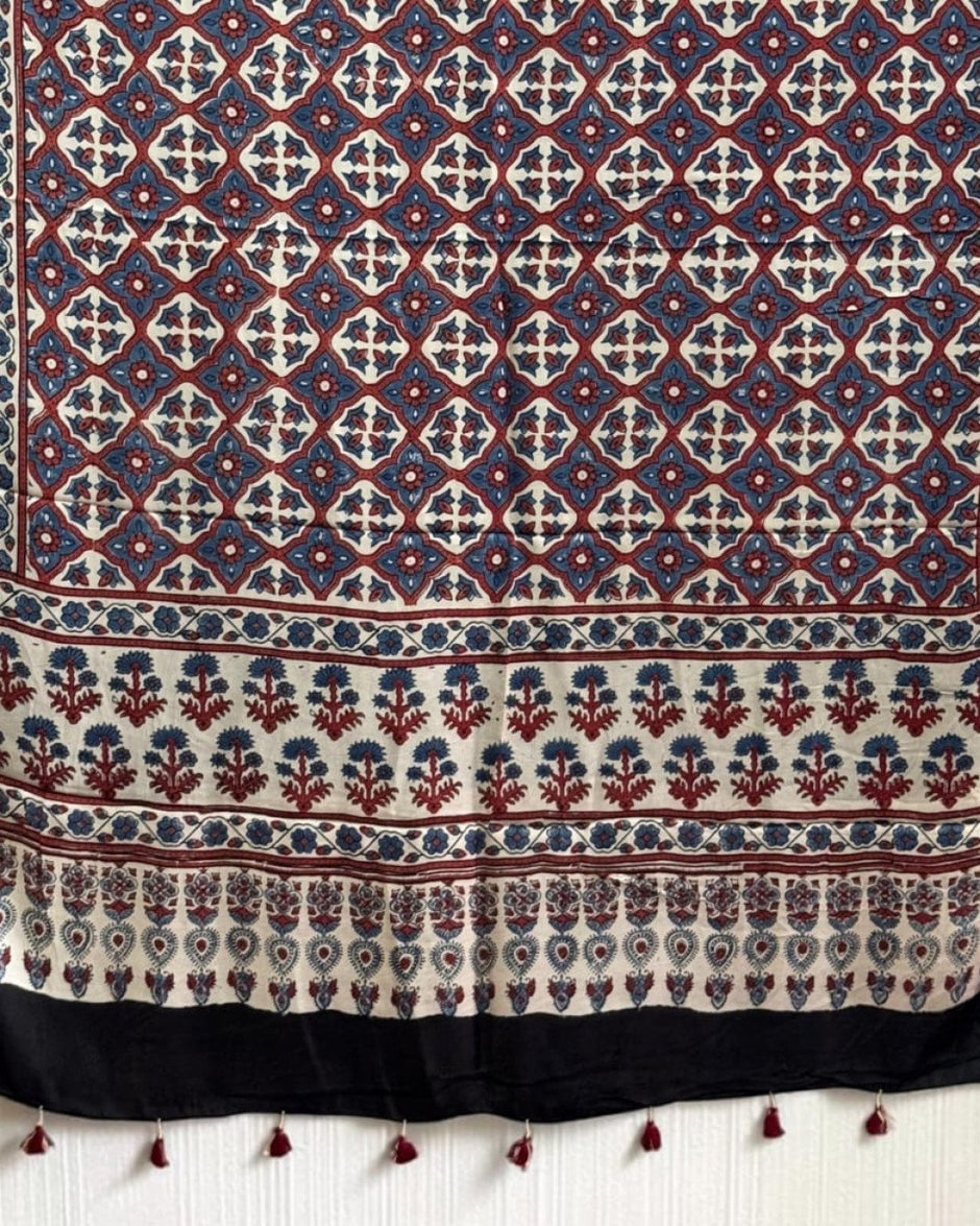 TAS Auto Crop Lower - Ajrakh Modal Silk Natural Dye Dupatta with Tassels 03