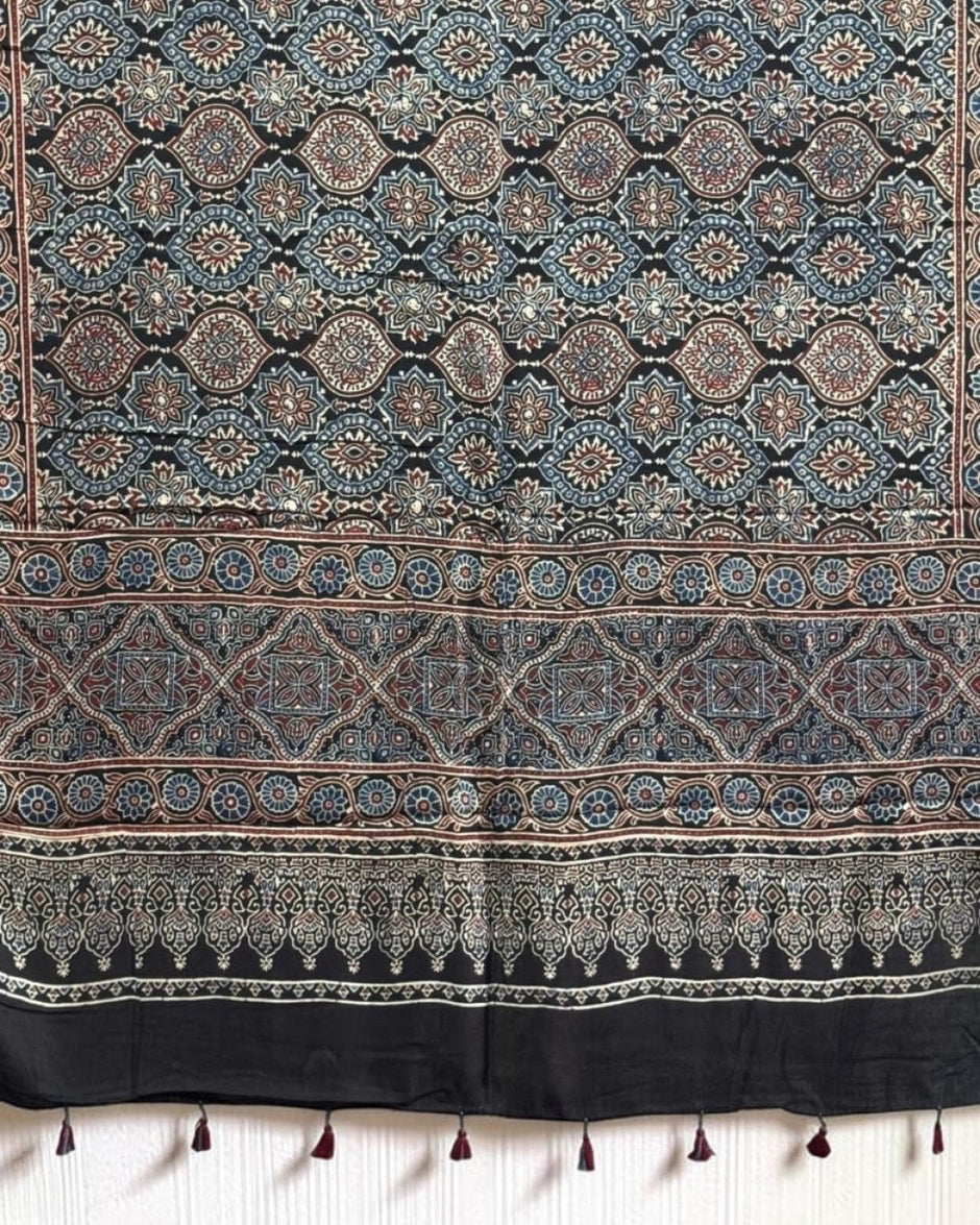 TAS Auto Crop Lower - Ajrakh Modal Silk Natural Dye Dupatta with Tassels 05