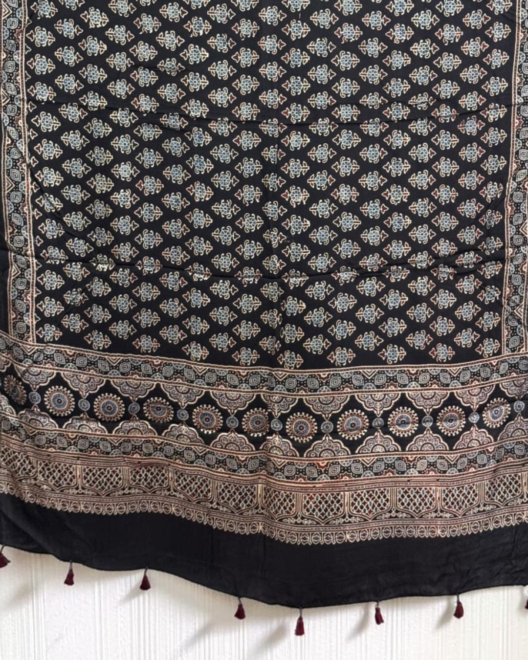 TAS Auto Crop Lower - Ajrakh Modal Silk Natural Dye Dupatta with Tassels 09