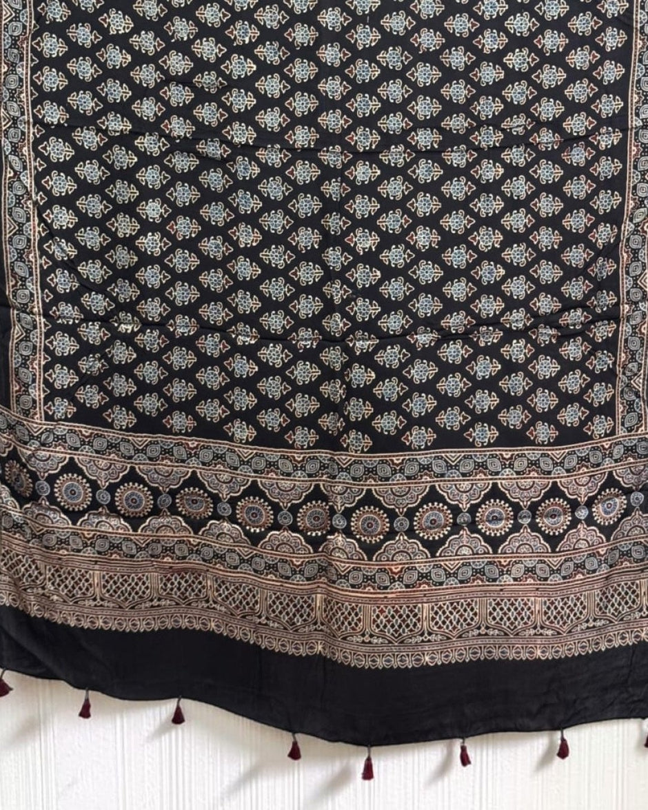 TAS Auto Crop Lower - Ajrakh Modal Silk Natural Dye Dupatta with Tassels 09