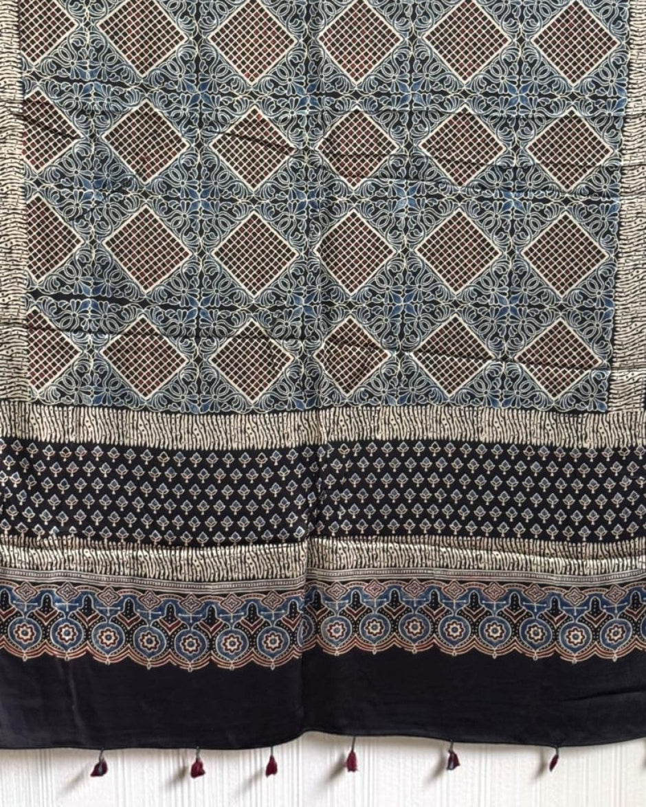 TAS Auto Crop Lower - Ajrakh Modal Silk Natural Dye Dupatta with Tassels 10