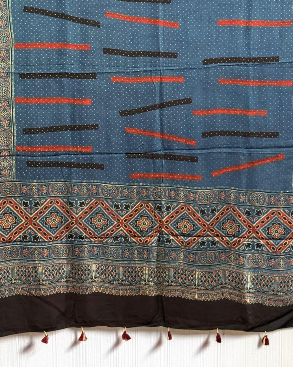 TAS Auto Crop Lower - Ajrakh Modal Silk Natural Dye Dupatta with Tassels 32