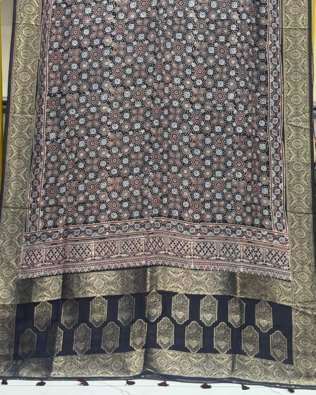 TAS Auto Crop Lower - Dola Silk Ajrakh Hand Block Print Natural Dye Zari Pallu Dupatta 01