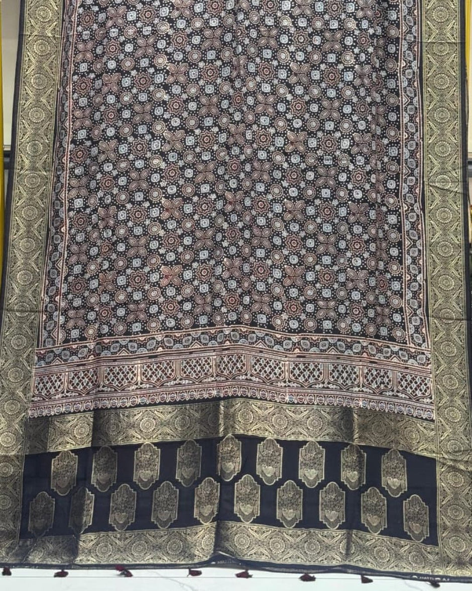 TAS Auto Crop Lower - Dola Silk Ajrakh Hand Block Print Natural Dye Zari Pallu Dupatta 01