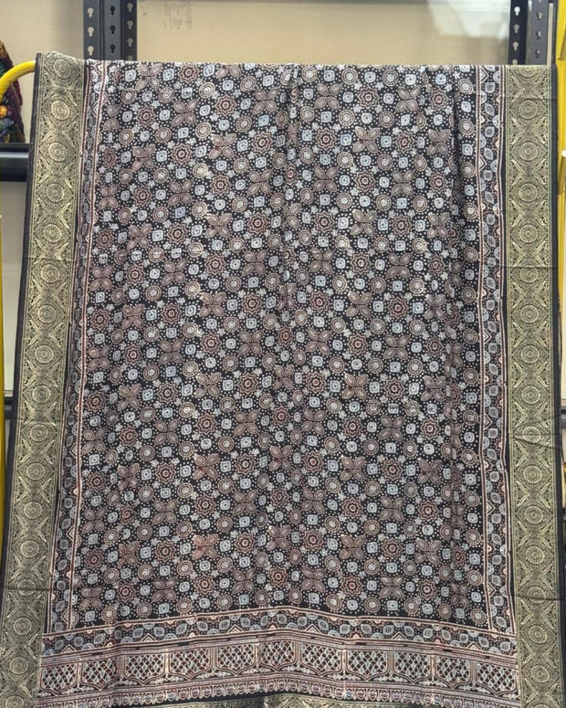 TAS Auto Crop Upper - Dola Silk Ajrakh Hand Block Print Natural Dye Zari Pallu Dupatta 01