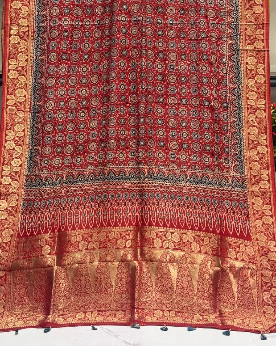 TAS Auto Crop Lower - Dola Silk Ajrakh Hand Block Print Natural Dye Zari Pallu Dupatta 02