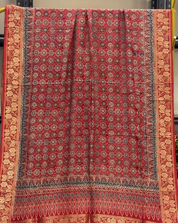 TAS Auto Crop Upper - Dola Silk Ajrakh Hand Block Print Natural Dye Zari Pallu Dupatta 02