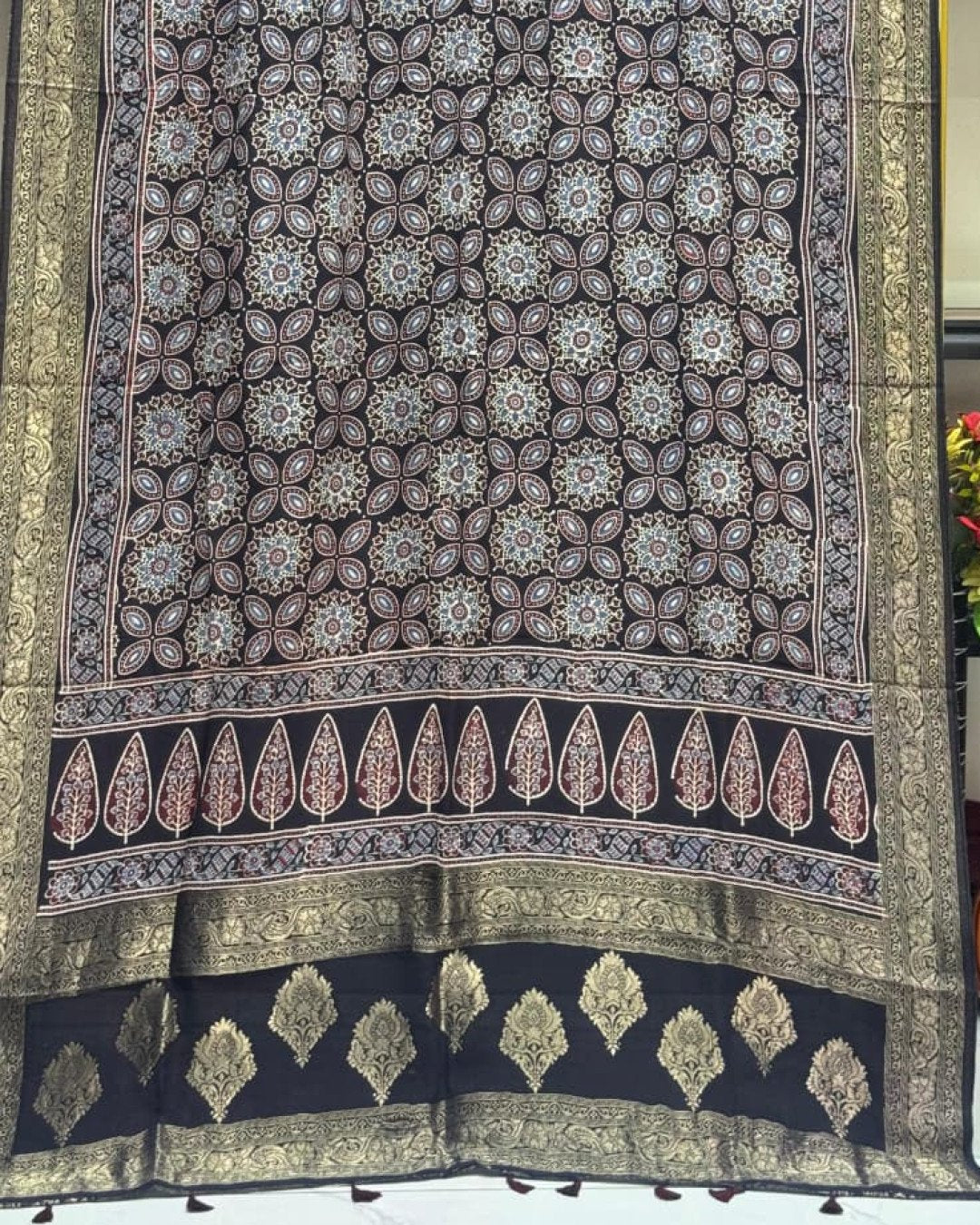 TAS Auto Crop Lower - Dola Silk Ajrakh Hand Block Print Natural Dye Zari Pallu Dupatta 03