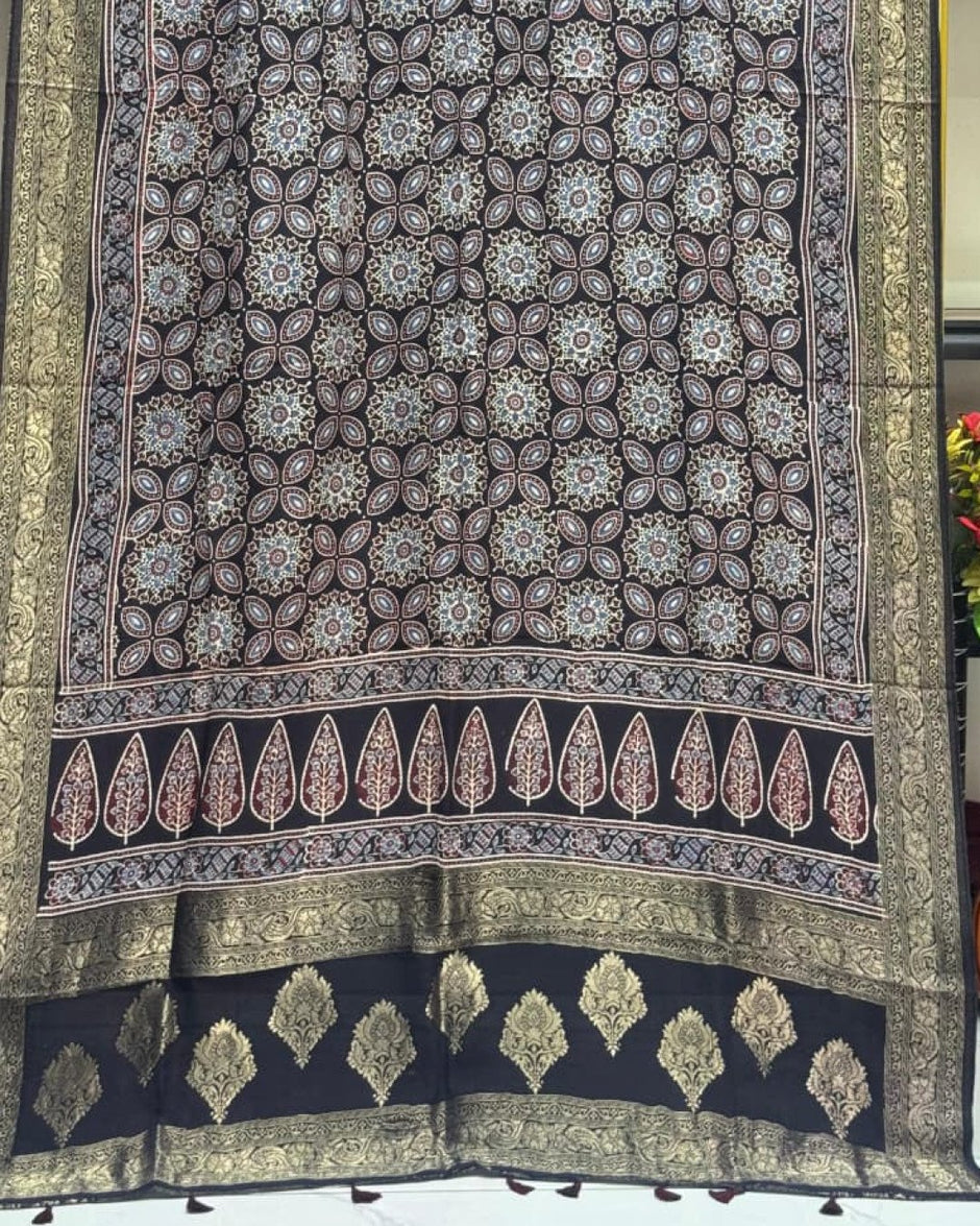 TAS Auto Crop Lower - Dola Silk Ajrakh Hand Block Print Natural Dye Zari Pallu Dupatta 03