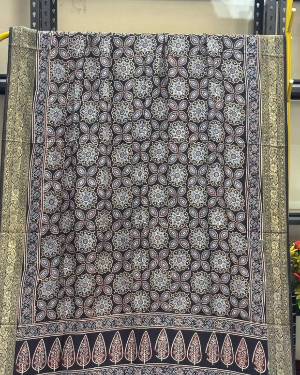 TAS Auto Crop Upper - Dola Silk Ajrakh Hand Block Print Natural Dye Zari Pallu Dupatta 03