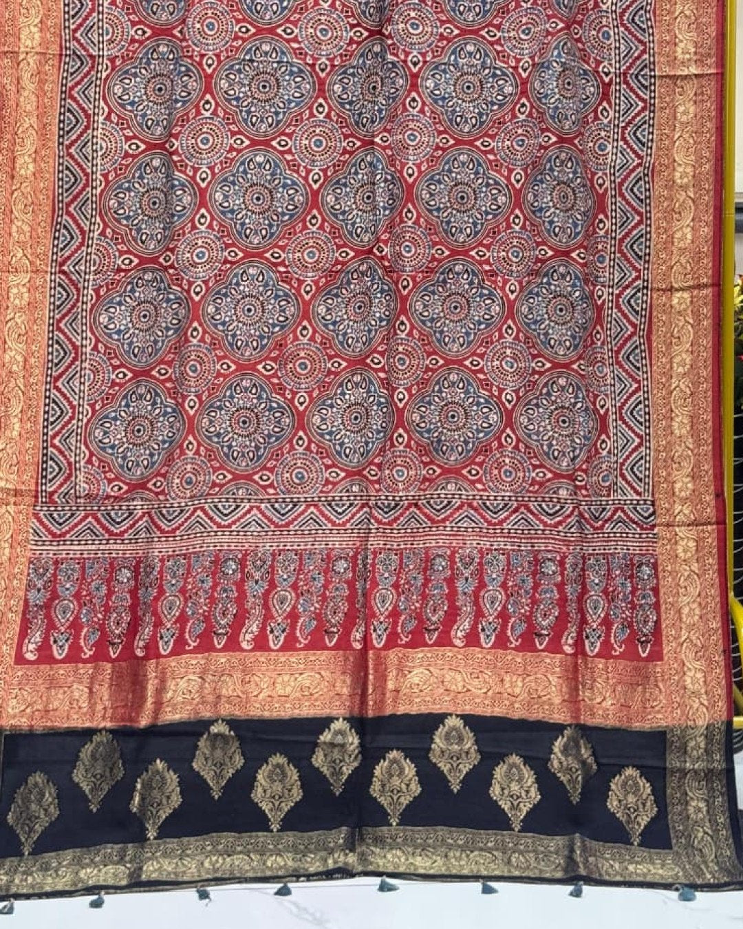 TAS Auto Crop Lower - Dola Silk Ajrakh Hand Block Print Natural Dye Zari Pallu Dupatta 04