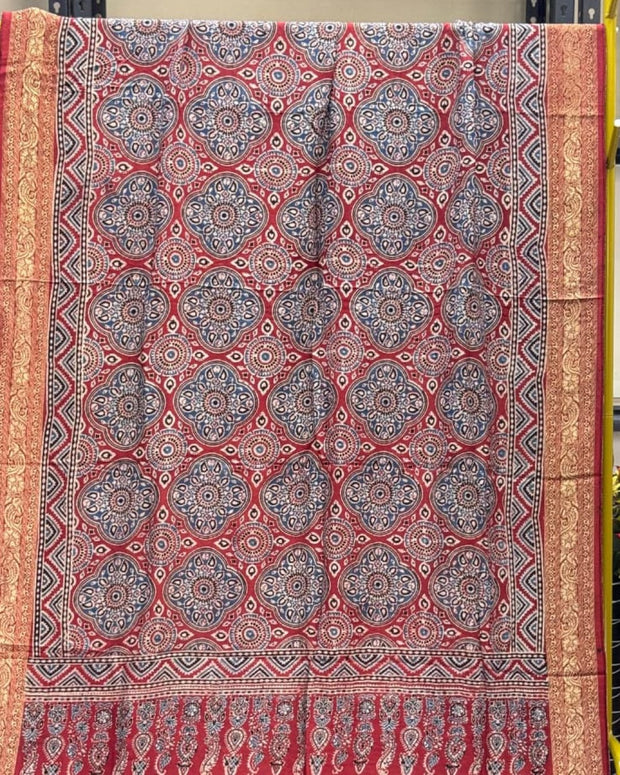 TAS Auto Crop Upper - Dola Silk Ajrakh Hand Block Print Natural Dye Zari Pallu Dupatta 04