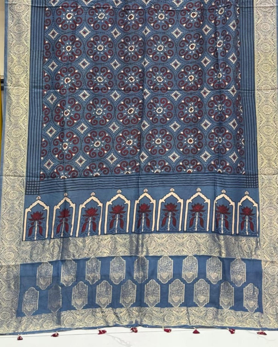 TAS Auto Crop Lower - Dola Silk Ajrakh Hand Block Print Natural Dye Zari Pallu Dupatta 05