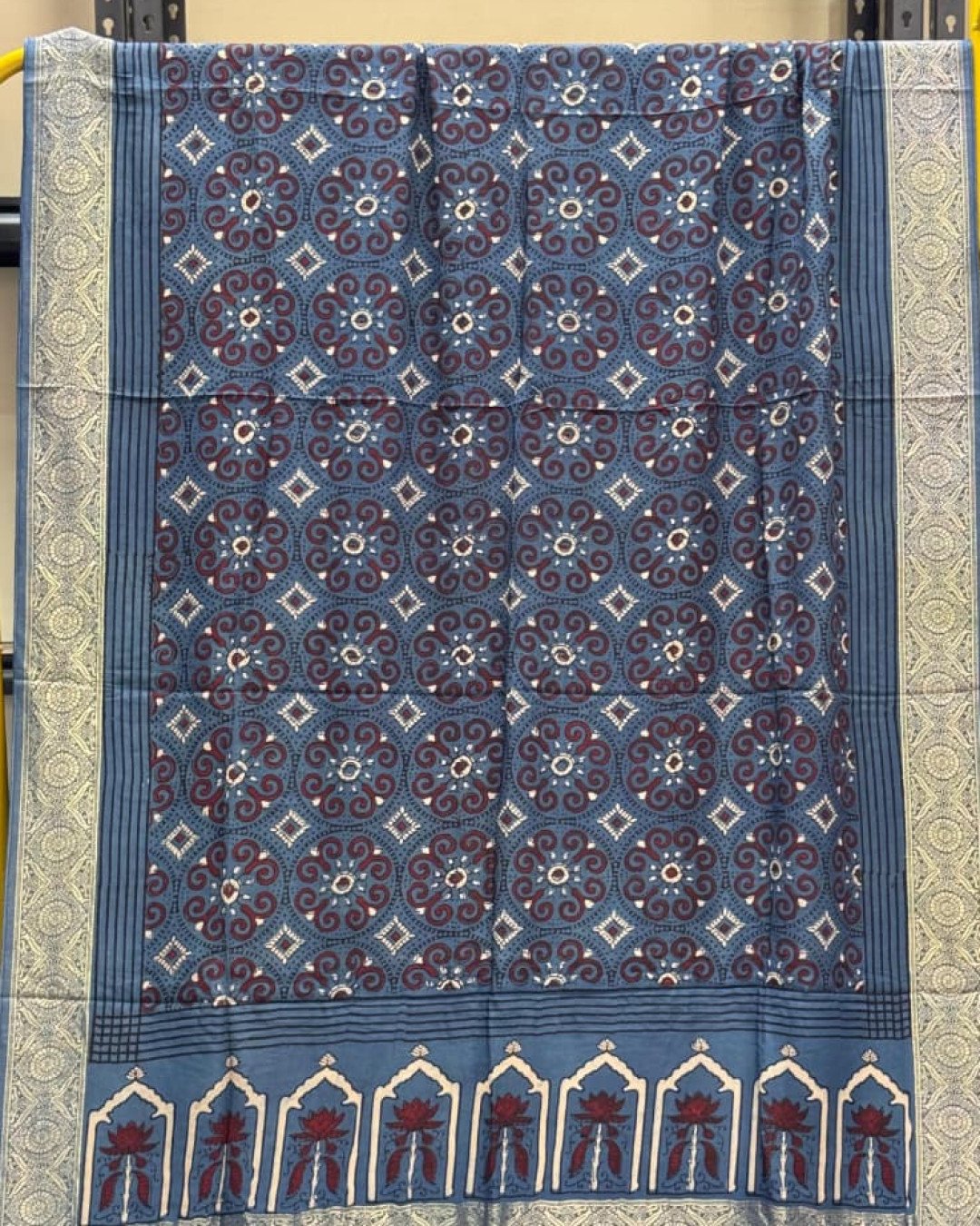 TAS Auto Crop Upper - Dola Silk Ajrakh Hand Block Print Natural Dye Zari Pallu Dupatta 05