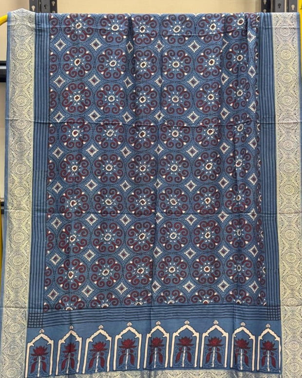 TAS Auto Crop Upper - Dola Silk Ajrakh Hand Block Print Natural Dye Zari Pallu Dupatta 05