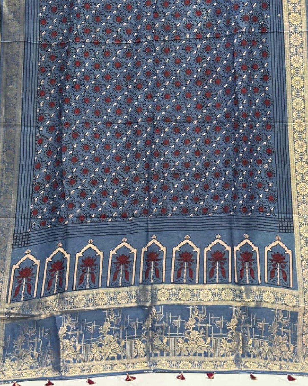 TAS Auto Crop Lower - Dola Silk Ajrakh Hand Block Print Natural Dye Zari Pallu Dupatta 06