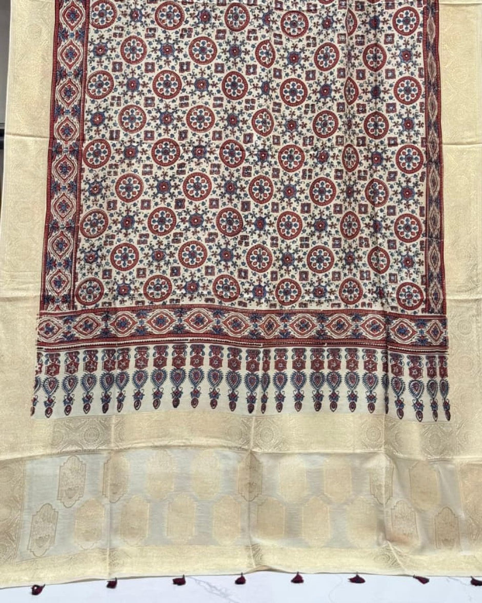 TAS Auto Crop Lower - Dola Silk Ajrakh Hand Block Print Natural Dye Zari Pallu Dupatta 07