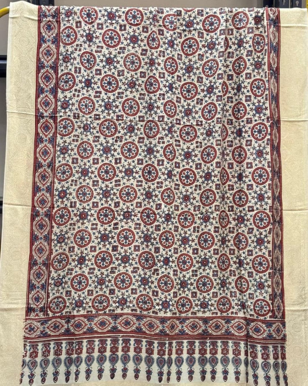 TAS Auto Crop Upper - Dola Silk Ajrakh Hand Block Print Natural Dye Zari Pallu Dupatta 07