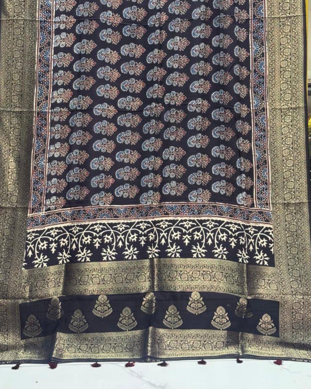 TAS Auto Crop Lower - Dola Silk Ajrakh Hand Block Print Natural Dye Zari Pallu Dupatta 08