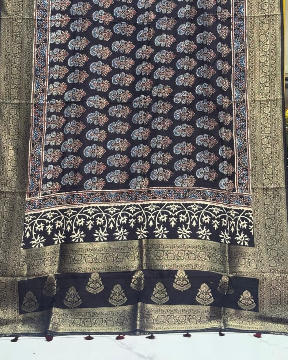 TAS Auto Crop Lower - Dola Silk Ajrakh Hand Block Print Natural Dye Zari Pallu Dupatta 08