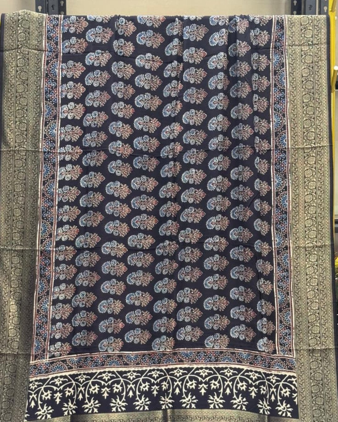 TAS Auto Crop Upper - Dola Silk Ajrakh Hand Block Print Natural Dye Zari Pallu Dupatta 08