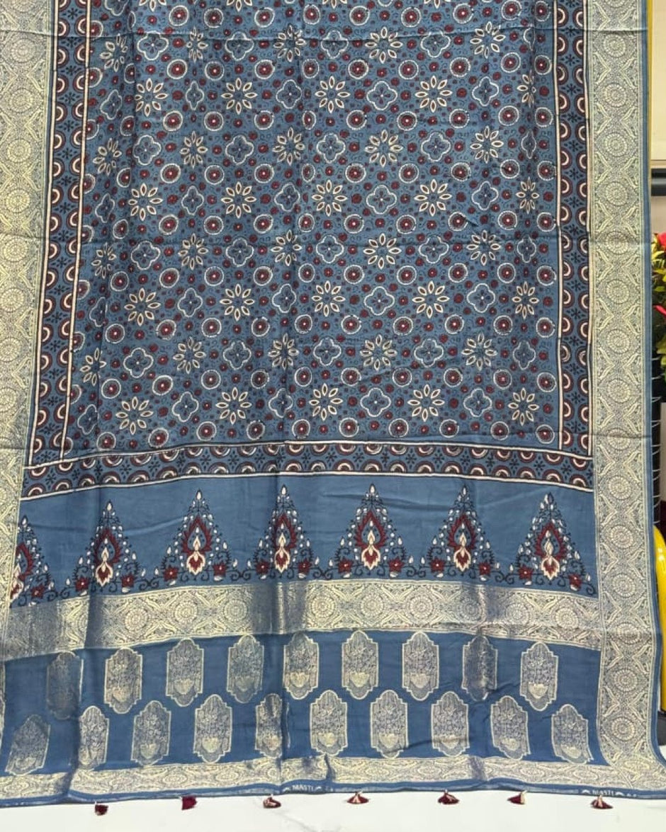 TAS Auto Crop Lower - Dola Silk Ajrakh Hand Block Print Natural Dye Zari Pallu Dupatta 09