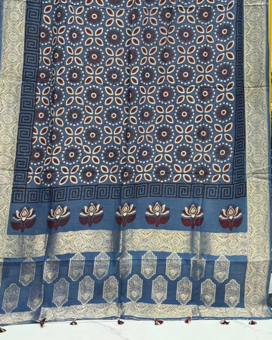 TAS Auto Crop Lower - Dola Silk Ajrakh Hand Block Print Natural Dye Zari Pallu Dupatta 11