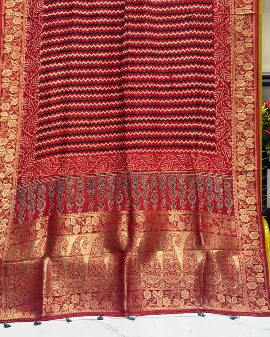 TAS Auto Crop Lower - Dola Silk Ajrakh Hand Block Print Natural Dye Zari Pallu Dupatta 12