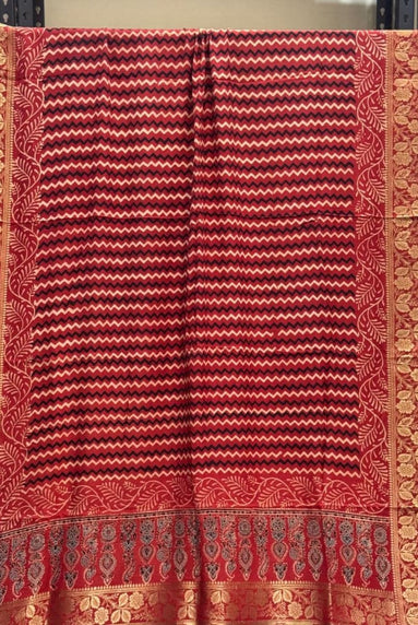 TAS Auto Crop Upper - Dola Silk Ajrakh Hand Block Print Natural Dye Zari Pallu Dupatta 12