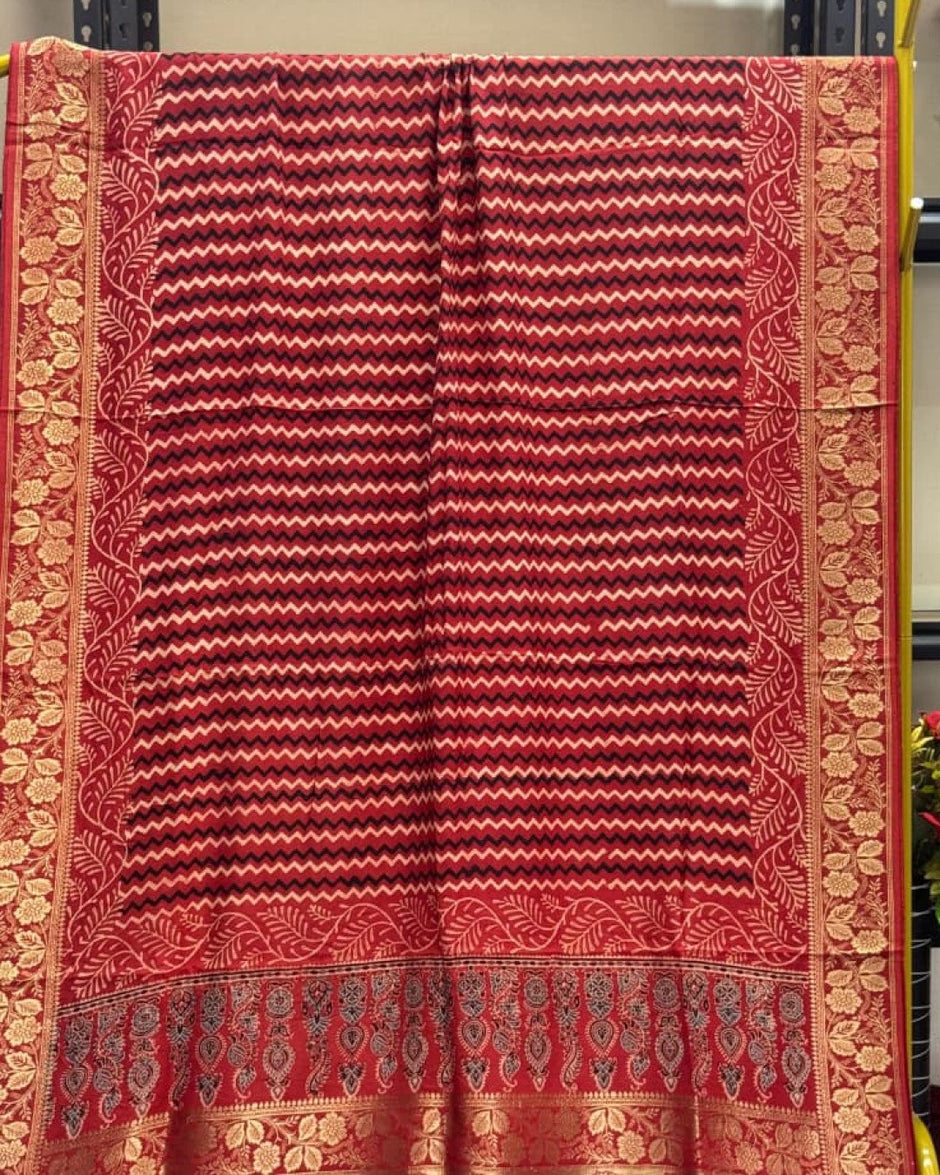 TAS Auto Crop Upper - Dola Silk Ajrakh Hand Block Print Natural Dye Zari Pallu Dupatta 12