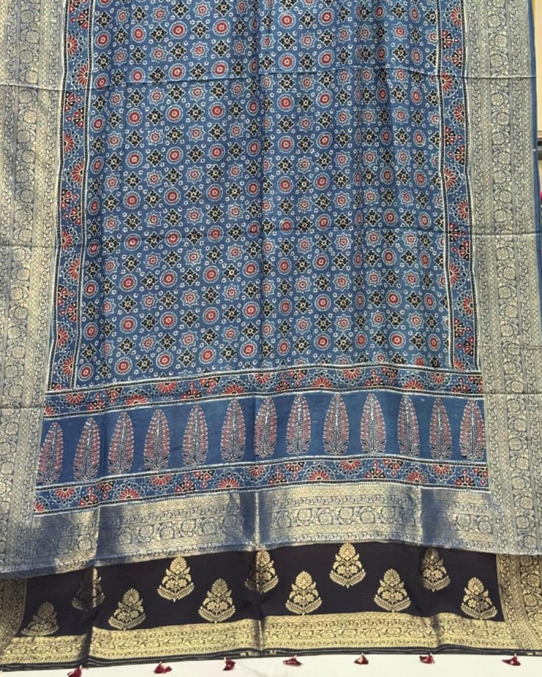 TAS Auto Crop Lower - Dola Silk Ajrakh Hand Block Print Natural Dye Zari Pallu Dupatta 13