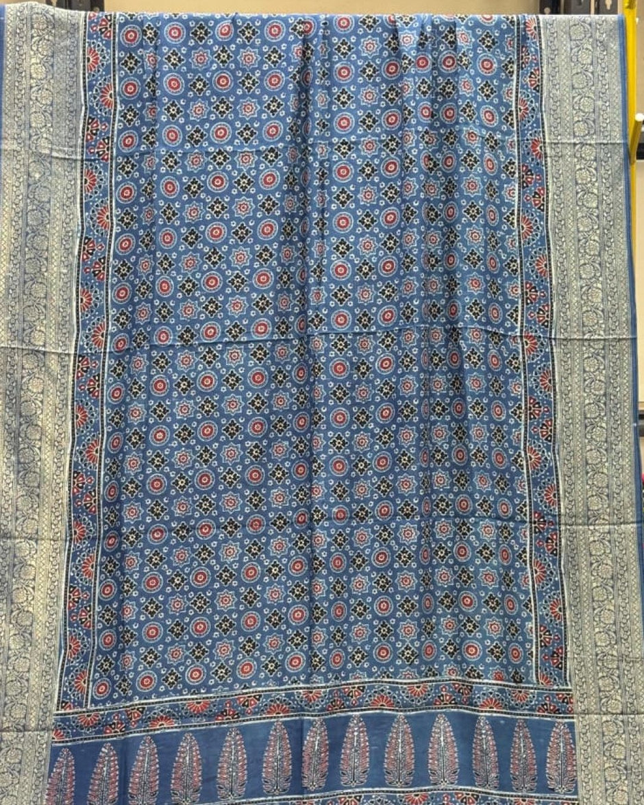 TAS Auto Crop Upper - Dola Silk Ajrakh Hand Block Print Natural Dye Zari Pallu Dupatta 13