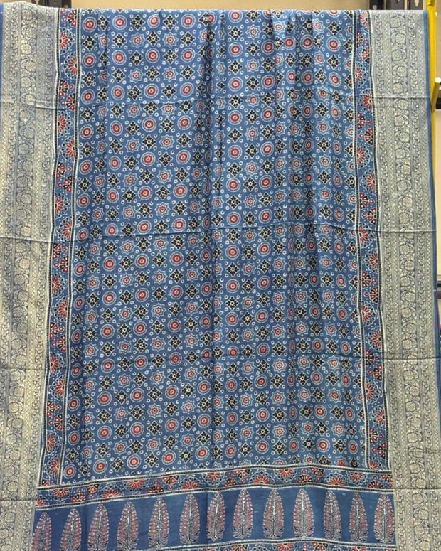TAS Auto Crop Upper - Dola Silk Ajrakh Hand Block Print Natural Dye Zari Pallu Dupatta 13