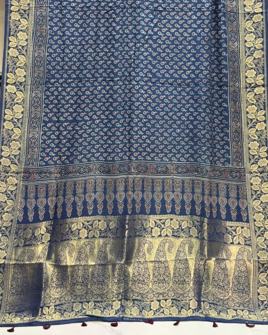 TAS Auto Crop Lower - Dola Silk Ajrakh Hand Block Print Natural Dye Zari Pallu Dupatta 14
